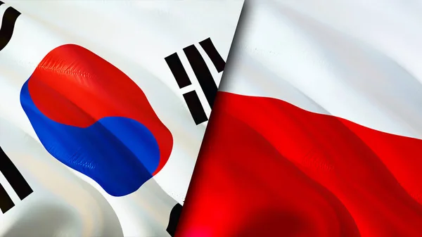 South Korea and Poland flags. 3D Waving flag design. South Korea Poland flag, picture, wallpaper. South Korea vs Poland image,3D rendering. South Korea Poland relations alliance an