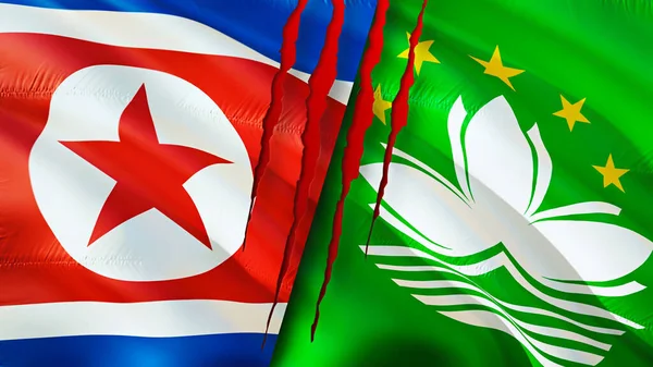 North Korea and Macau flags with scar concept. Waving flag,3D rendering. North Korea and Macau conflict concept. North Korea Macau relations concept. flag of North Korea and Macau crisis,war, attac