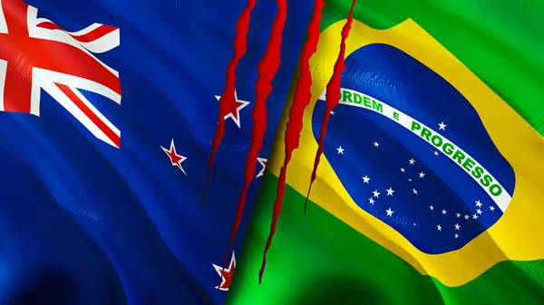 Banderas Nueva Zelanda Brasil Con Concepto Cicatriz Ondeando Bandera Renderizado — Foto de Stock
