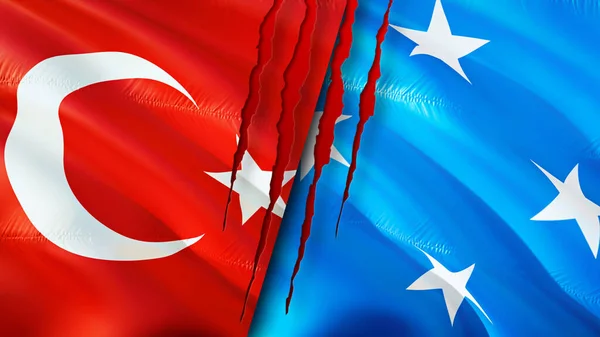 Turkey and Micronesia flags with scar concept. Waving flag,3D rendering. Turkey and Micronesia conflict concept. Turkey Micronesia relations concept. flag of Turkey and Micronesia crisis,war, attac