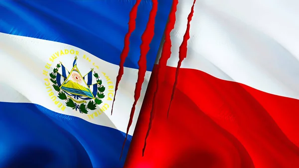 Флаги Сальвадора Польши Шрамом Трехмерный Рендеринг Флага Сальвадор Польша Концепция — стоковое фото