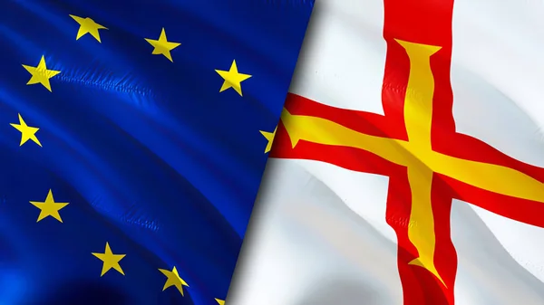 European Union and Guernsey flags. 3D Waving flag design. European Union Guernsey flag, picture, wallpaper. European Union vs Guernsey image,3D rendering. European Union Guernsey relations allianc