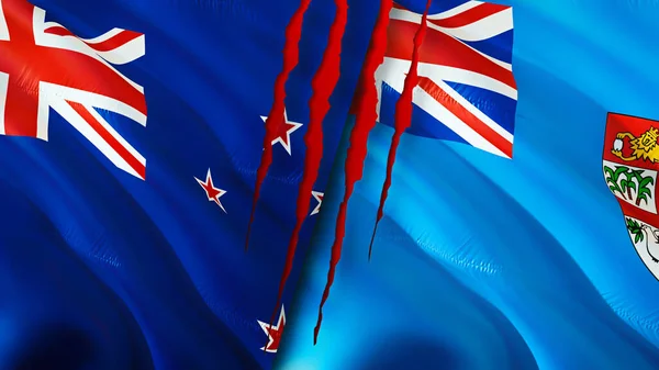 新西兰和斐济的国旗带有伤疤概念 波浪旗3D渲染 新西兰和斐济冲突概念 新西兰斐济关系概念 新西兰和斐济的国旗危机 战争C — 图库照片