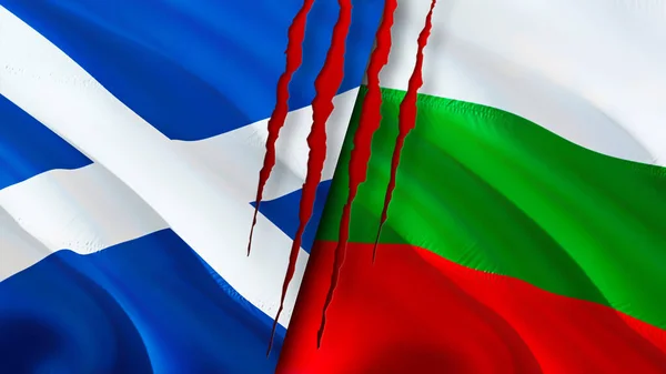 Scotland and Bulgaria flags with scar concept. Waving flag,3D rendering. Scotland and Bulgaria conflict concept. Scotland Bulgaria relations concept. flag of Scotland and Bulgaria crisis,war, attac
