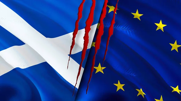 Scotland and European Union flags with scar concept. Waving flag,3D rendering. Scotland and European Union conflict concept. Scotland European Union relations concept. flag of Scotland and Europea
