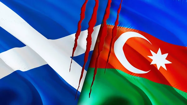 Scotland and Azerbaijan flags with scar concept. Waving flag,3D rendering. Scotland and Azerbaijan conflict concept. Scotland Azerbaijan relations concept. flag of Scotland and Azerbaija