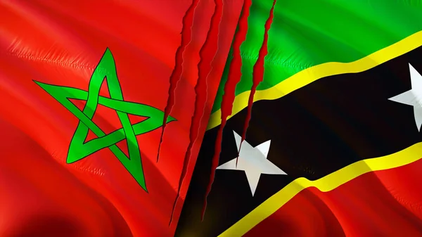 Marokko Und Kitts Und Nevis Flaggen Mit Narbenkonzept Fahnenschwenken Rendering — Stockfoto