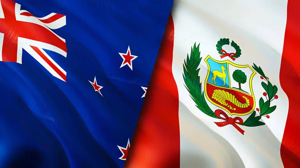 新西兰和秘鲁的国旗 3D波浪旗帜设计 新西兰国旗 新西兰对秘鲁的图像 3D渲染 New Zealand Peru Relations War — 图库照片
