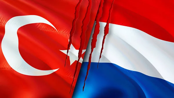 Turkey and Netherlands flags with scar concept. Waving flag,3D rendering. Turkey and Netherlands conflict concept. Turkey Netherlands relations concept. flag of Turkey and Netherlands crisis,war