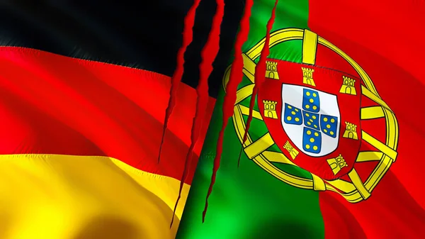 Germany and Portugal flags with scar concept. Waving flag,3D rendering. Germany and Portugal conflict concept. Germany Portugal relations concept. flag of Germany and Portugal crisis,war, attac