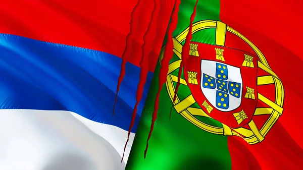 Serbia and Portugal flags with scar concept. Waving flag,3D rendering. Serbia and Portugal conflict concept. Serbia Portugal relations concept. flag of Serbia and Portugal crisis,war, attack concep