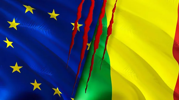 European Union and Mali flags with scar concept. Waving flag,3D rendering. European Union and Mali conflict concept. European Union Mali relations concept. flag of European Union and Mal