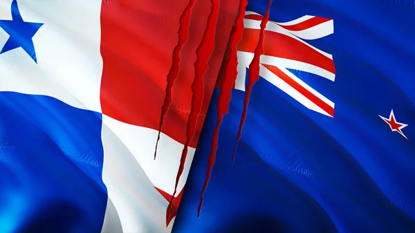 巴拿马和新西兰国旗的疤痕概念 飘扬的旗帜 3D渲染 巴拿马和新西兰冲突概念 巴拿马新西兰关系概念 巴拿马国旗与新西兰危机 — 图库照片