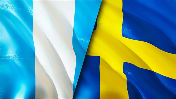 Guatemala and Sweden flags. 3D Waving flag design. Guatemala Sweden flag, picture, wallpaper. Guatemala vs Sweden image,3D rendering. Guatemala Sweden relations war alliance concept.Trade, touris