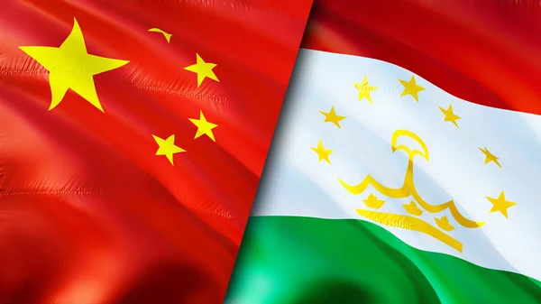 China and Tajikistan flags. 3D Waving flag design. China Tajikistan flag, picture, wallpaper. China vs Tajikistan image,3D rendering. China Tajikistan relations alliance and Trade,travel,touris