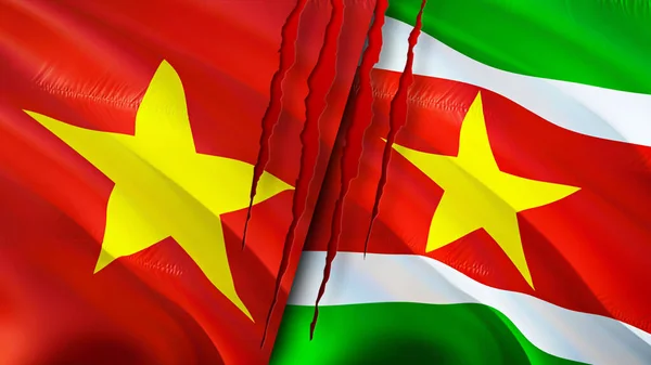 Vietnam and Suriname flags. 3D Waving flag design. Vietnam Suriname flag, picture, wallpaper. Vietnam vs Suriname image,3D rendering. Vietnam Suriname relations alliance and Trade,travel,touris