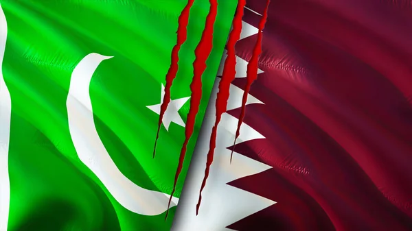 Флаги Пакистана Катара Шрамом Флажок Рендеринг Концепция Конфликта Между Пакистаном — стоковое фото