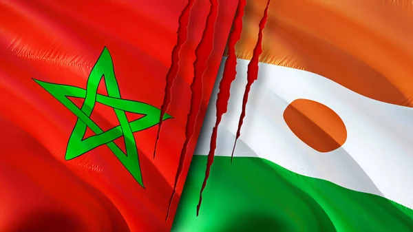 Morocco Niger Flags Scar Concept Waving Flag Rendering Morocco Niger — Stock Photo, Image