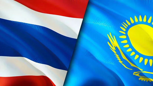 Thailand and Kazakhstan flags. 3D Waving flag design. Thailand Kazakhstan flag, picture, wallpaper. Thailand vs Kazakhstan image,3D rendering. Thailand Kazakhstan relations alliance an