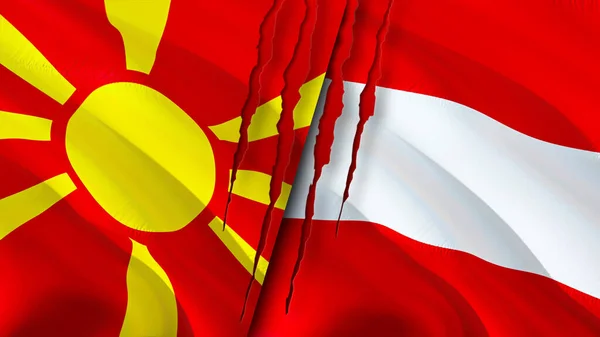 North Macedonia and Austria flags with scar concept. Waving flag,3D rendering. North Macedonia and Austria conflict concept. North Macedonia Austria relations concept. flag of North Macedonia an
