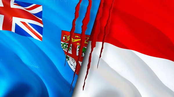 斐济和摩纳哥的国旗带有疤痕概念 飘扬的旗帜 3D渲染 斐济和摩纳哥冲突概念 斐济摩纳哥关系概念 斐济和摩纳哥的国旗危机 — 图库照片