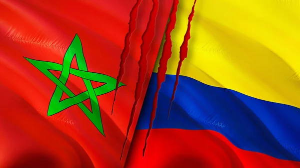 Marokko Und Kolumbien Flaggen Mit Narbenkonzept Fahnenschwenken Rendering Konfliktkonzept Marokko — Stockfoto
