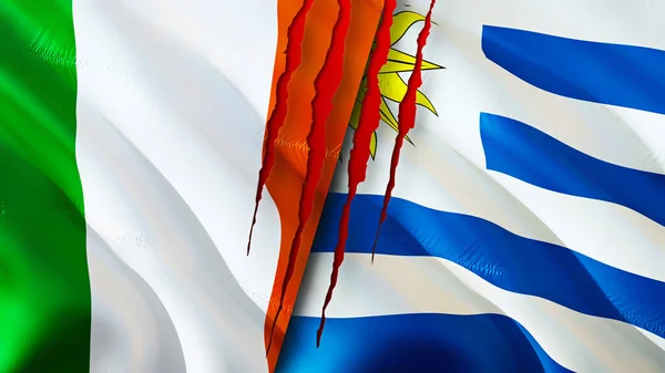 Ірландія Уругвай Прапори Схемою Шрамів Розгортання Прапора Рендеринга Ірландія Уругвай — стокове фото