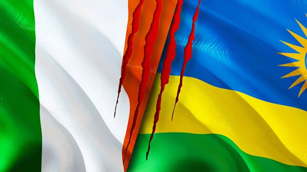 Ireland and Rwanda flags with scar concept. Waving flag 3D rendering. Ireland and Rwanda conflict concept. Ireland Rwanda relations concept. flag of Ireland and Rwanda crisis,war, attack concep