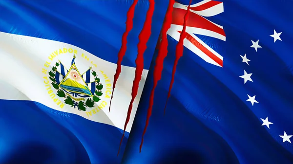 Флаги Сальвадора Островов Кука Шрамом Трехмерный Рендеринг Флага Концепция Конфликта — стоковое фото