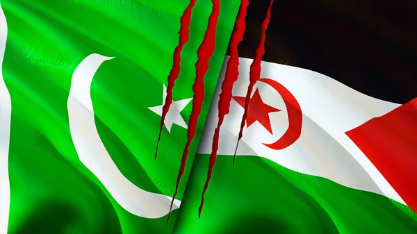 Pakistan and Western Sahara flags with scar concept. Waving flag,3D rendering. Pakistan and Western Sahara conflict concept. Pakistan Western Sahara relations concept. flag of Pakistan and Wester