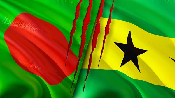 Bangladesh Santo Tomé Príncipe Banderas Con Concepto Cicatriz Bandera Ondeante — Foto de Stock