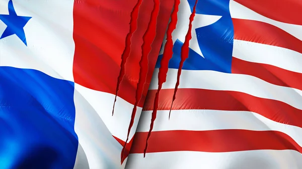 パナマとリベリアは傷の概念で旗を掲げる 旗を振って3Dレンダリング パナマとリベリアの紛争の概念 パナマ リベリア関係の概念 パナマとリベリアの危機戦争攻撃コンプ — ストック写真