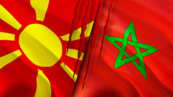 North Macedonia and Morocco flags with scar concept. Waving flag,3D rendering. North Macedonia and Morocco conflict concept. North Macedonia Morocco relations concept. flag of North Macedonia an