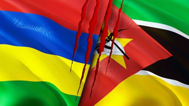 Mauritius ve Mozambik bayrakları yara izi konseptiyle. Dalgalanan bayrak, 3 boyutlu görüntüleme. Mauritius ve Mozambik çatışma konsepti. Mauritius Mozambik ilişkileri kavramı. Mauritius ve Mozambik bayrağı