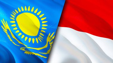 Kazakistan ve Monako bayrakları. 3 boyutlu dalgalanan bayrak tasarımı. Kazakistan Monako bayrağı, resim, duvar kağıdı. Kazakistan, Monako imajına karşı, 3D görüntüleme. Kazakistan Monako ilişkileri ittifak ve ticaret, seyahat, turnuva