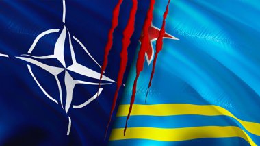 Yara izi olan NATO ve Aruba bayrakları. Dalgalanan bayrak, 3 boyutlu görüntüleme. Aruba ve NATO çatışma konsepti. NATO Aruba ilişkileri kavramı. NATO ve Aruba bayrağı krizi, savaş, saldırı konsepti