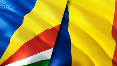 Seyşeller ve Çad bayrakları. 3 boyutlu dalgalanan bayrak tasarımı. Seyşeller Çad bayrağı, resim, duvar kağıdı. Seyşeller Chad 'e karşı, görüntü 3 boyutlu. Seyşeller Çad ilişkileri ittifak ve ticaret, seyahat, turizm konsepti