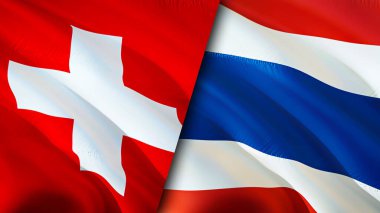 İsviçre ve Tayland bayrakları. 3 boyutlu dalgalanan bayrak tasarımı. İsviçre Tayland bayrağı, resim, duvar kağıdı. İsviçre, Tayland 'a karşı, görüntü 3 boyutlu. İsviçre Tayland ilişkileri ittifakı