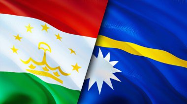 Tacikistan ve Nauru bayrakları. 3 boyutlu dalgalanan bayrak tasarımı. Tacikistan Nauru bayrağı, resim, duvar kağıdı. Tacikistan, Nauru 'ya karşı, 3 boyutlu görüntü. Tacikistan Nauru ilişkileri ittifak ve ticaret, seyahat, turnuva