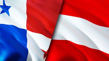 Panama ve Avusturya bayrakları. 3 boyutlu dalgalanan bayrak tasarımı. Panama Avusturya bayrağı, resim, duvar kağıdı. Panama Avusturya 'ya karşı, görüntü 3 boyutlu. Panama Avusturya ilişkileri ittifak ve ticaret, seyahat, turizm konsepti