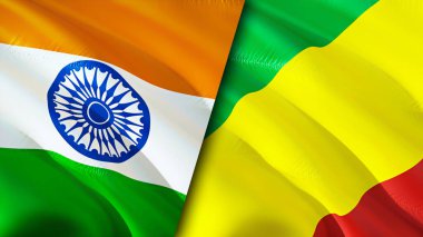 Hindistan ve Kongo bayrakları. 3 boyutlu dalgalanan bayrak tasarımı. Hindistan Kongo bayrağı, resim, duvar kağıdı. Hindistan, Kongo 'ya karşı, görüntü 3 boyutlu. Hindistan Kongo ilişkileri ittifak ve ticaret, seyahat, turizm konsepti