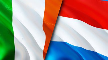 İrlanda ve Lüksemburg bayrakları. 3 boyutlu dalgalanan bayrak tasarımı. İrlanda Lüksemburg bayrağı, resim, duvar kağıdı. İrlanda, Lüksemburg 'a karşı, 3 boyutlu görüntü. İrlanda Lüksemburg ilişkileri savaş ittifakı kavramı. Ticaret.