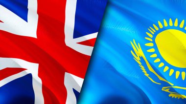 İngiltere ve Kazakistan bayrakları. 3 boyutlu dalgalanan bayrak tasarımı. Birleşik Krallık Kazakistan bayrağı, resim, duvar kağıdı. Birleşik Krallık Kazakistan 'a karşı, görüntü 3 boyutlu. Birleşik Krallık Kazakistan ilişkileri