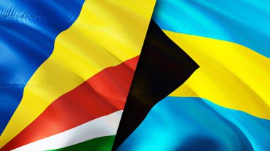 Seyşeller ve Bahamalar bayrakları. 3 boyutlu dalgalanan bayrak tasarımı. Seyşeller Bahamalar bayrağı, resim, duvar kağıdı. Seyşeller, Bahamalar 'a karşı, görüntü 3 boyutlu. Seyşeller Bahamalar İlişkiler Birliği