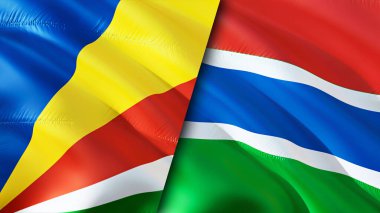 Seyşeller ve Gambiya bayrakları. 3 boyutlu dalgalanan bayrak tasarımı. Seyşeller Gambiya bayrağı, resim, duvar kağıdı. Seyşeller Gambiya 'ya karşı, görüntü 3 boyutlu. Seyşeller Gambiya ilişkileri ittifak ve ticaret, seyahat, turnuva