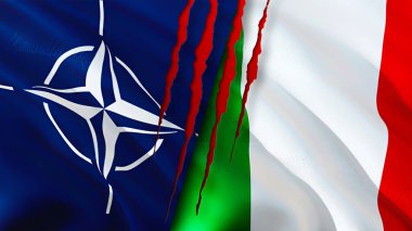 Yara izi olan NATO ve İtalya bayrakları. Dalgalanan bayrak, 3 boyutlu görüntüleme. İtalya ve NATO çatışma konsepti. NATO İtalya ilişkileri kavramı. NATO ve İtalya bayrağı kriz, savaş, saldırı konsepti