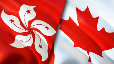 Hong Kong ve Kanada bayrakları. 3 boyutlu dalgalanan bayrak tasarımı. Hong Kong Kanada bayrağı, resim, duvar kağıdı. Hong Kong, Kanada 'ya karşı. Görüntü 3 boyutlu. Hong Kong Kanada ilişkileri ittifak ve ticaret, seyahat, turnuva