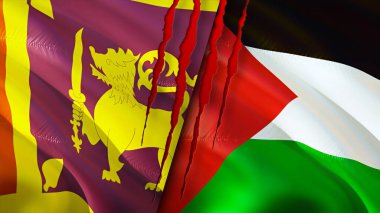 Sri Lanka ve yara izi olan Filistin bayrakları. Dalgalanan bayrak, 3 boyutlu görüntüleme. Sri Lanka ve Filistin çatışma konsepti. Sri Lanka Filistin ilişkileri kavramı. Sri Lanka ve Filistin bayrağı