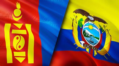 Moğolistan ve Ekvador bayrakları. 3 boyutlu dalgalanan bayrak tasarımı. Moğolistan Ekvador bayrağı, resim, duvar kağıdı. Moğolistan Ekvador 'a karşı, görüntü 3 boyutlu. Moğolistan İlişkileri İttifak ve Ticaret, Seyahat, Turnuva