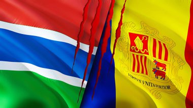 Gambiya ve Andorra yara izi olan bayraklar. Dalgalanan bayrak, 3 boyutlu görüntüleme. Gambiya ve Andorra çatışma konsepti. Gambiya Andorra ilişkileri kavramı. Gambiya bayrağı ve Andorra krizi, savaş, saldırı konsepti